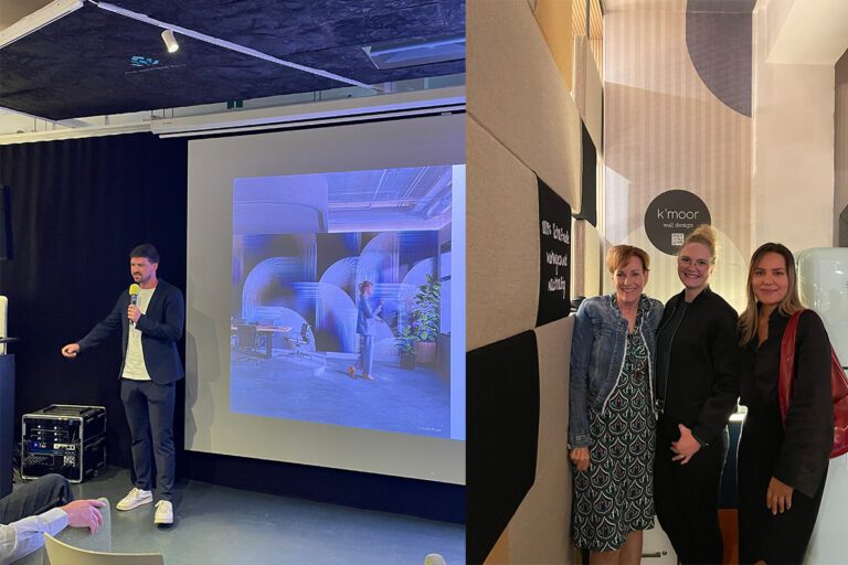 Collage: links Vortrag von k’mo͞or-Gründer Matthias Häusler, rechts das Hauser-Team vor k’mo͞or-Tapeten in der DesignWerkschau.