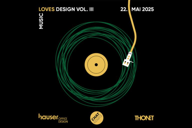 Grafisches Poster zur Veranstaltung „Music Loves Design Vol. III“ am 22. Mai 2025, mit stilisierter Schallplatte in grün-gold auf schwarzem Hintergrund und Logos der Marken Hauser Office Design, Chat Board und Thonet.