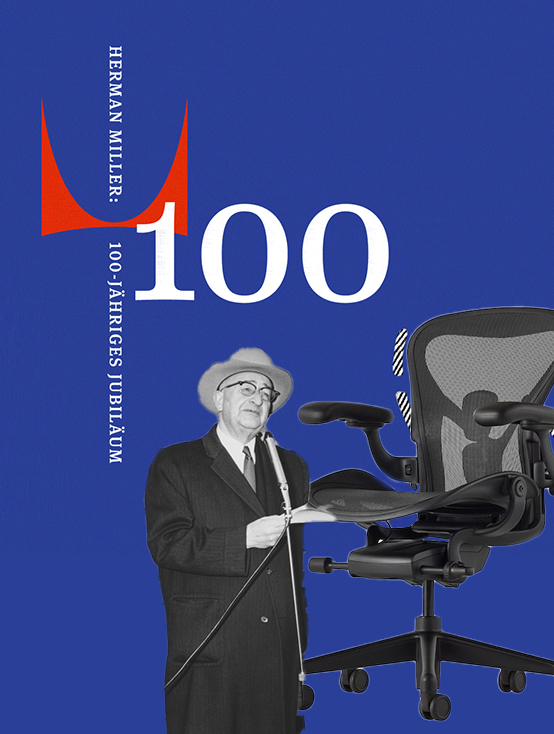 blauer Grafik mit Gründer Herman Miller und dem Aeron Bürostuhl in schwarz