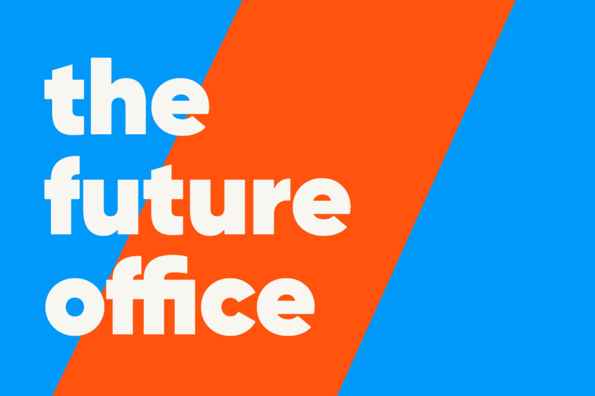Blau-orangene Grafik mit weißer Aufschrift 'the future office'.