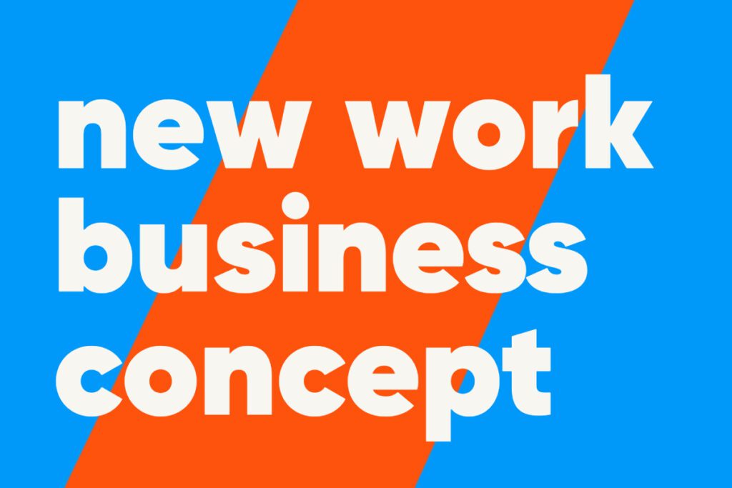 blau orangene grafik mit Aufschrift new work business concept