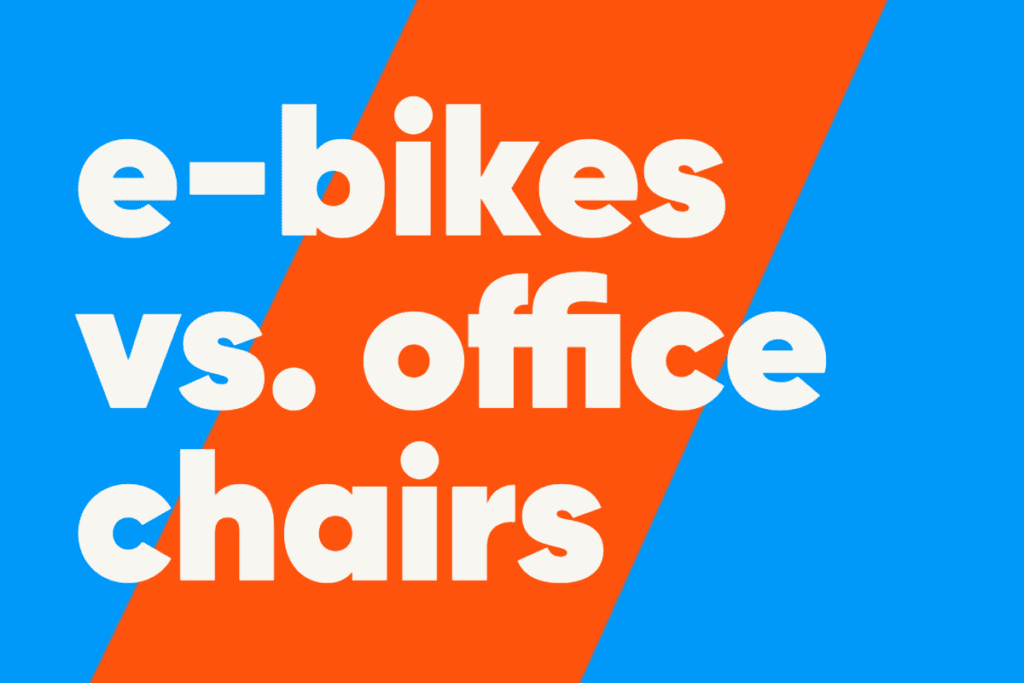 Blau-orangene Grafik mit weißer Aufschrift 'e-bikes vs. office chairs'.