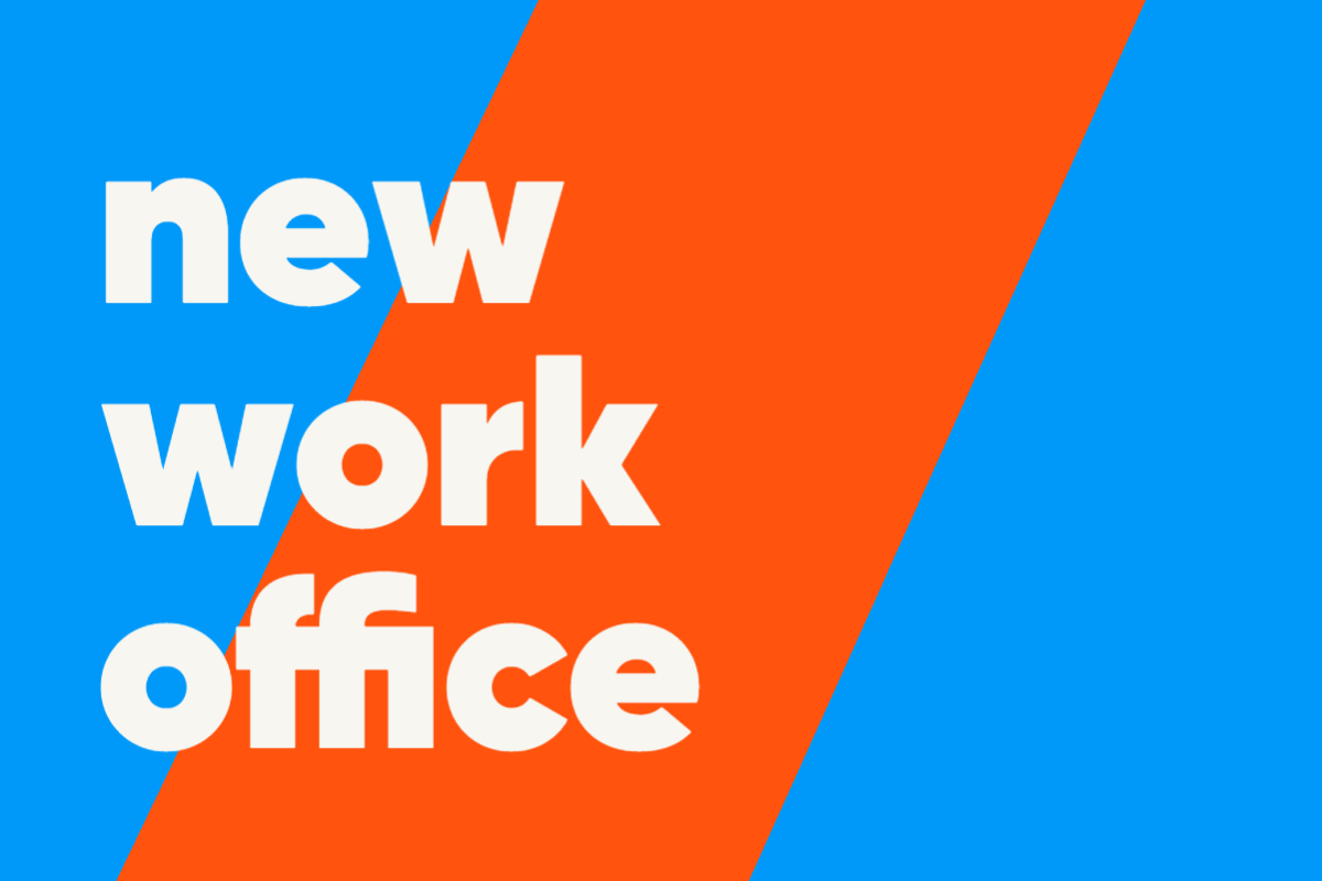 Blau-orangene Grafik mit weißer Aufschrift 'new work office'.