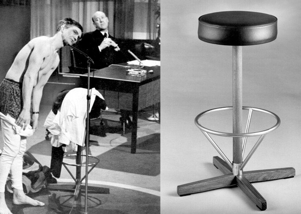 Zwei Fotos in schwarz weiss. rechts ein Barstuhl aus Leder mit Aluminiumfuß und Fußablage. Links ein Mann oberkörperfrei mit seiner Jacke auf den einen Barstuhl schauend, im Hintergrund ein Mann am Schreibtisch.