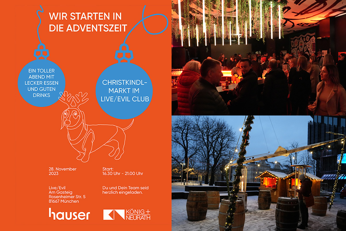 Collage des Hauser Weihnachtsevents. Ein Foto des Weihnachtsmarktes und eines im Veranstaltungsraum.