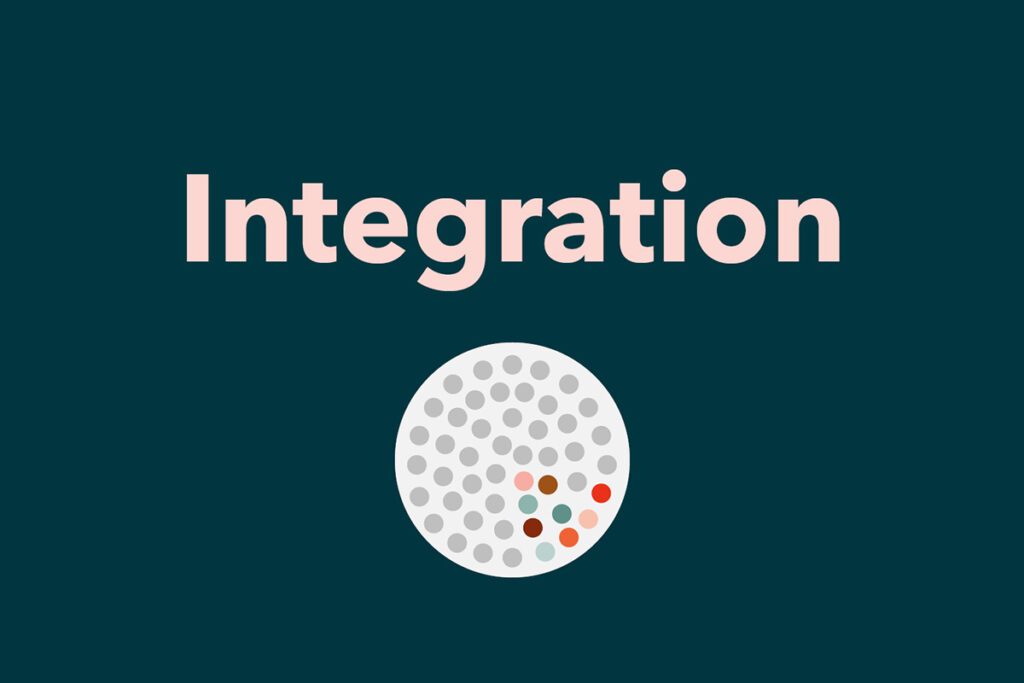 Bild in beruhigendem Dunkelgrün/Dunkelblau mit dem Schriftzug "Integration". Unterhalb befindet sich ein Kreis, der hauptsächlich mit grauen Punkten gestaltet ist, ergänzt durch einige wenige bunte Punkte.