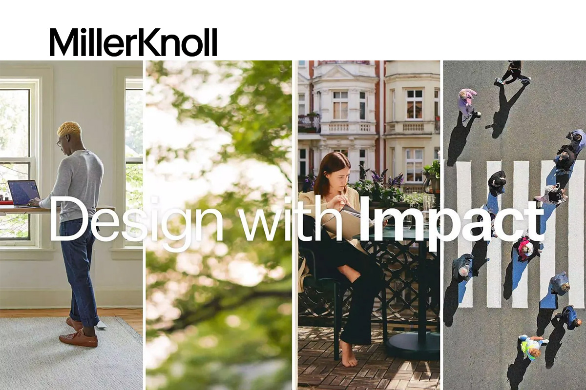 Beeindruckende Collage: "Design with Impact" über dem MillerKnoll-Logo. Die Fotos zeigen einen Mann an einem Stehstisch, eine Straße mit Zebraüberwegen von oben, einen Baum mit grünen Blättern und eine Frau, die in einem Café an einem Tisch sitzt."