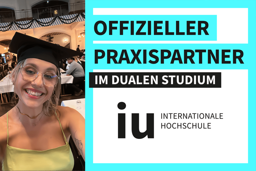 Stolzer offizieller Partner der IU Hochschule. Das offizielle Siegel ist im Bild zu sehen, während Giulia bei ihrer Abschlussfeier mit einem Abschlusshut lächelnd in die Kamera blickt.