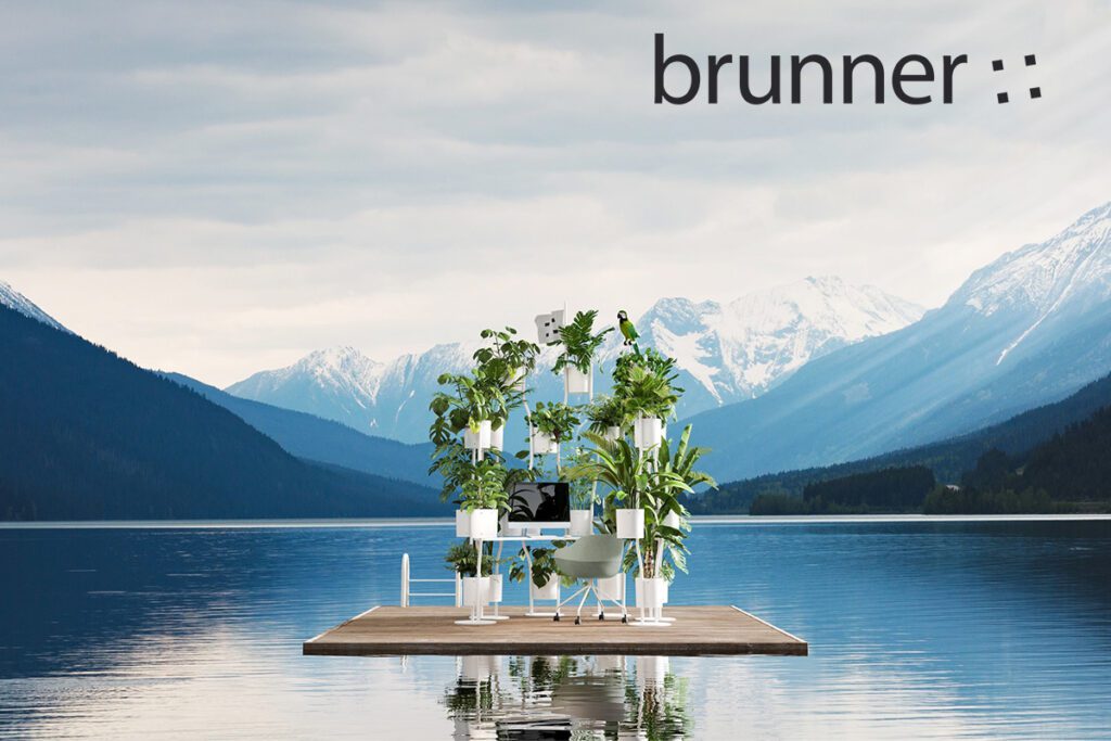 Futuristisches Arbeitsplatzkonzept von Brunner, platziert auf einem schwimmenden Podest inmitten eines idyllischen Sees mit atemberaubendem Bergpanorama im Hintergrund, unterstreicht die Verschmelzung von Natur und innovativem Bürodesign für die Arbeitswelt der Zukunft.