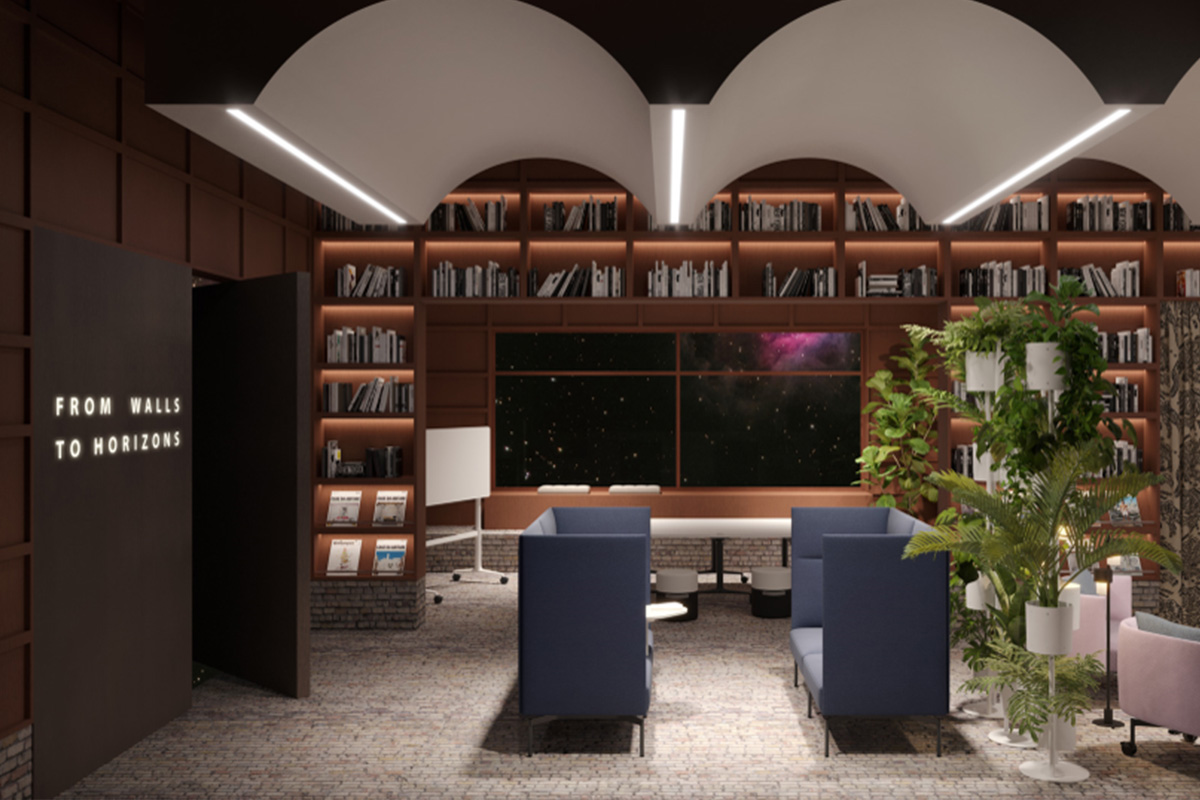 Eine Brunner-Bibliotheksecke mit dem Slogan 'FROM WALLS TO HORIZONS' erleuchtet in weißer Beleuchtung, umgeben von Bücherregalen und komfortablen Sitzecken.