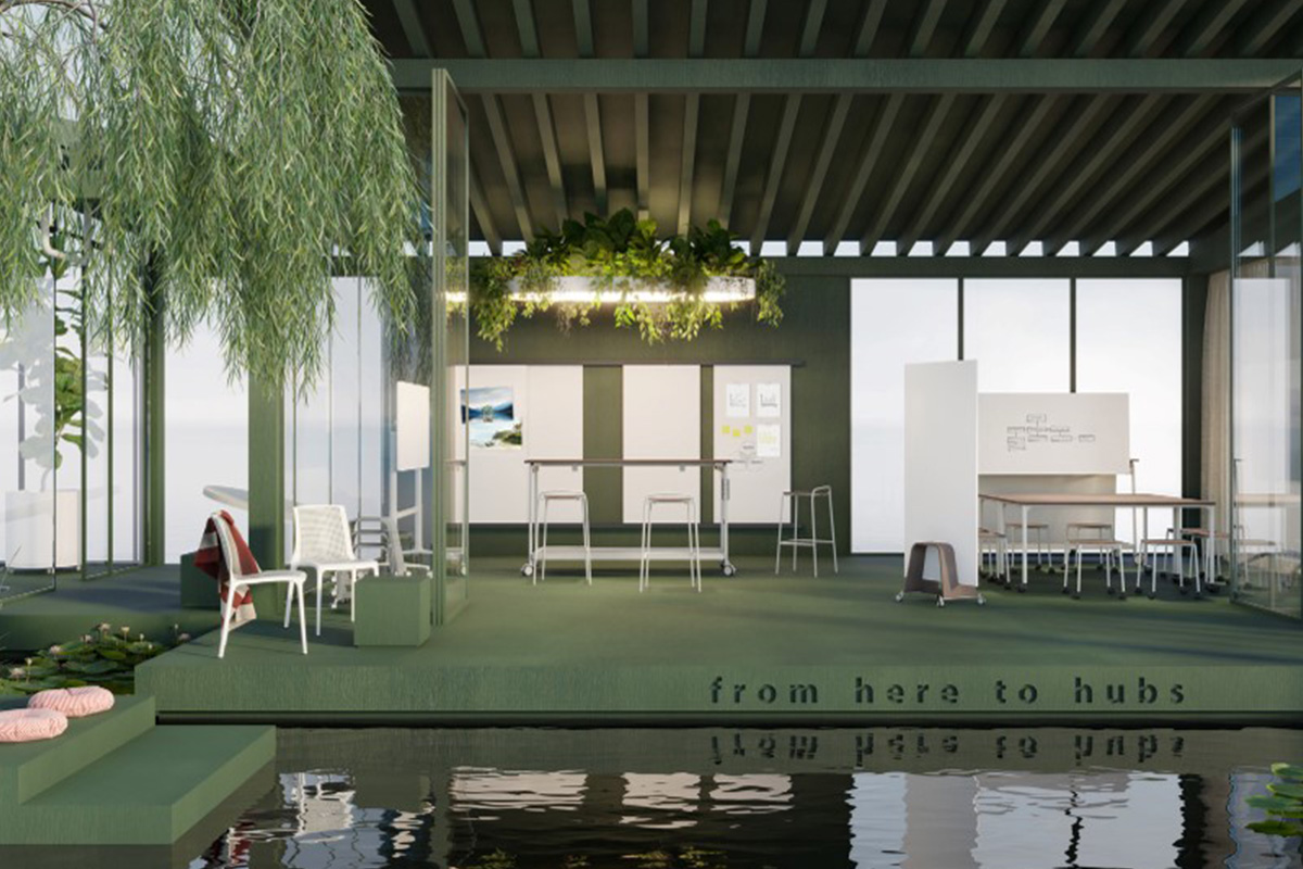 Ein Brunner-Arbeitsbereich im Freien mit dem Schriftzug 'from here to hubs' neben einem ruhigen Teich, umgeben von Natur und minimalistischen Möbeln.