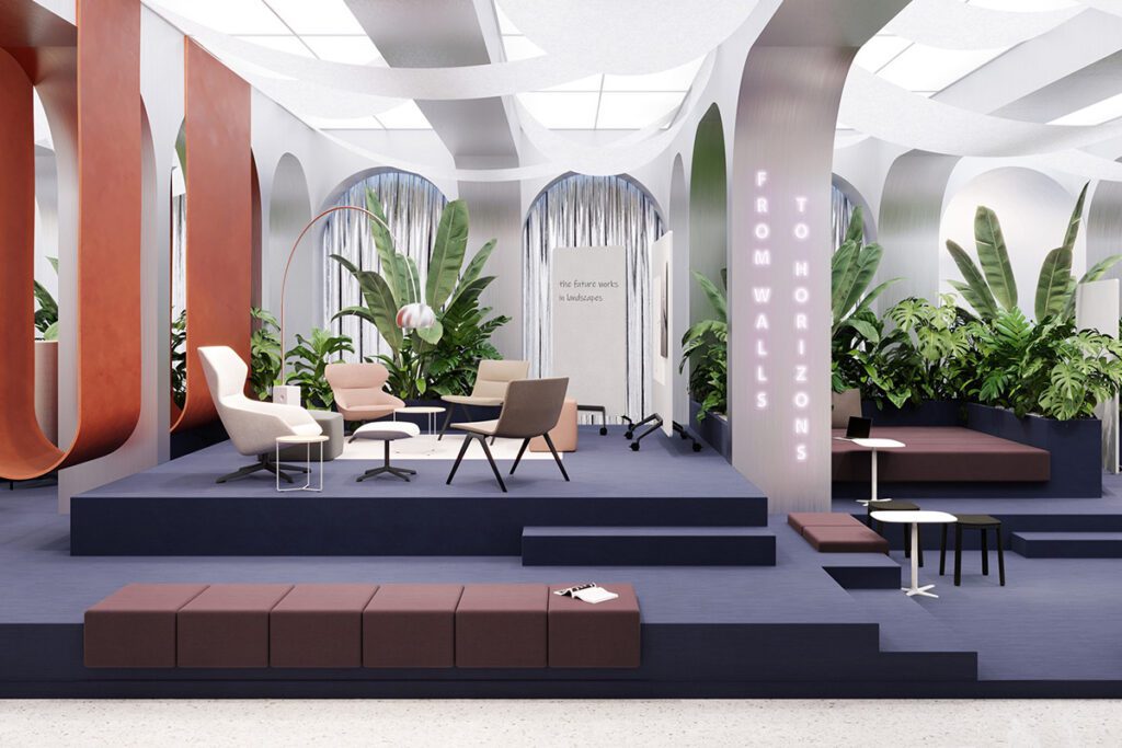 Ein innovatives Brunner-Arbeitslandschaft mit verspielten Formen und 'FROM WALLS TO HORIZONS' leuchtend dargestellt, umgeben von reichlich Grün und stilvollen Sitzgelegenheiten.