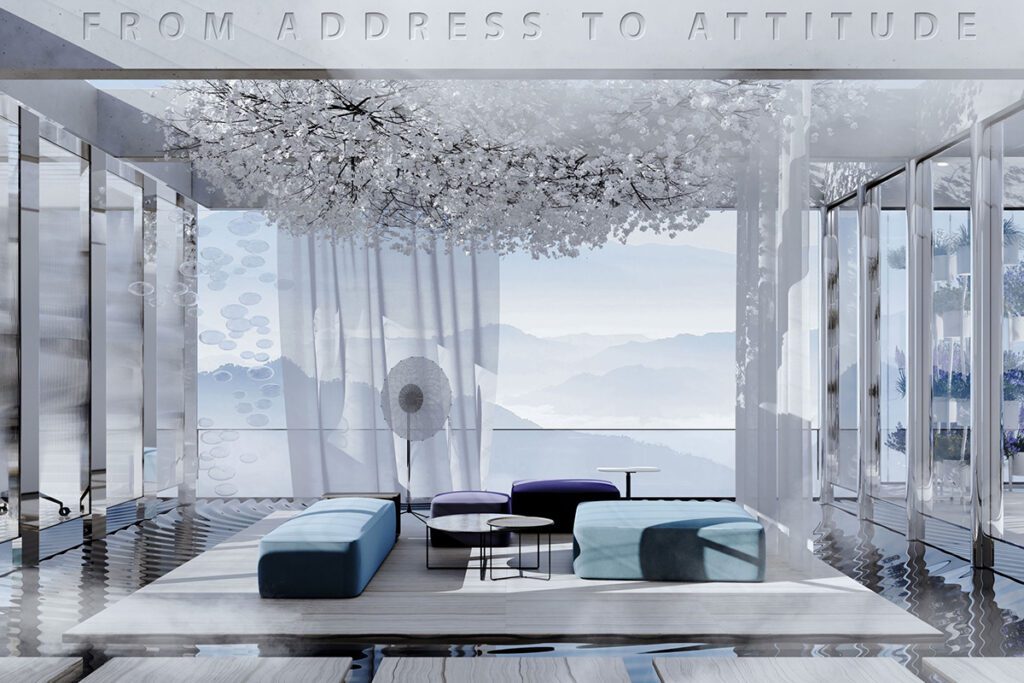 Eine entspannende Brunner-Lounge mit Panoramablick auf die Berge, betont durch das Motto 'FROM ADDRESS TO ATTITUDE', ausgestattet mit trendigen Sitzmöbeln.