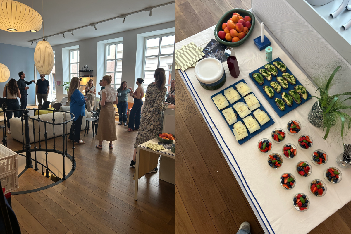 Ein zusammengesetztes Bild zeigt links Menschen, die sich in einem hellen, modernen Showroom unterhalten, und rechts eine Nahaufnahme eines Frühstückstisches mit frischen Früchten, Käsestücken und Avocado-Toast. Event im Hay Showroom München mit Hauser Office Design und Architekten.