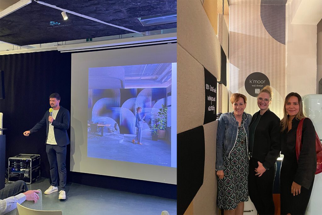Collage: links Vortrag von k’mo͞or-Gründer Matthias Häusler, rechts das Hauser-Team vor k’mo͞or-Tapeten in der DesignWerkschau.