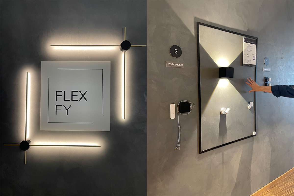 Zweiteiliges Bild: Links das leuchtende FLEXFY-Logo, eingerahmt von eleganten LED-Lichtleisten in L-Form mit schwarzen und goldenen Akzenten auf dunkler Wand; rechts eine interaktive Wandfläche mit zwei Wandleuchten, Sensorik und einer ausgestreckten Hand zur Steuerung – Präsentation smarter Licht- und Steuerungslösungen für innovative Raumgestaltung.